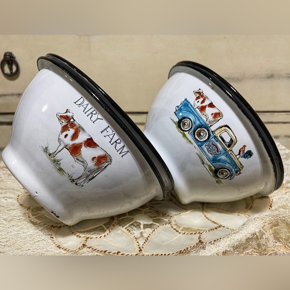 Four Vintage Rustic Farmhouse enameled Bowls